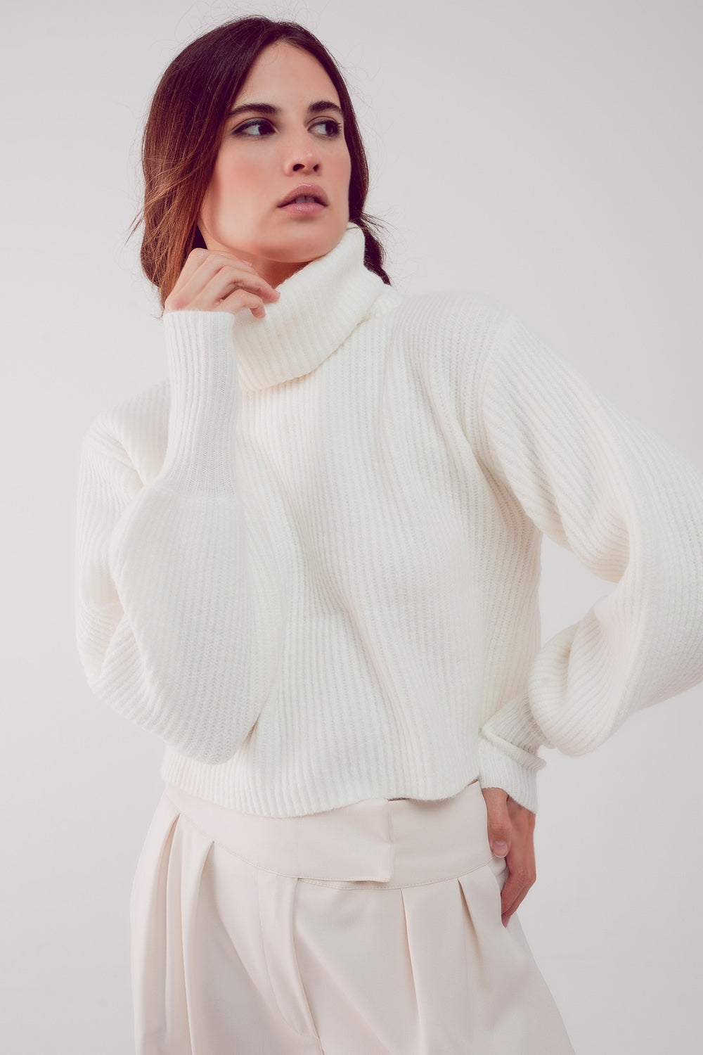 High Neck Jumper With Balloon Sleeve in Cream-5