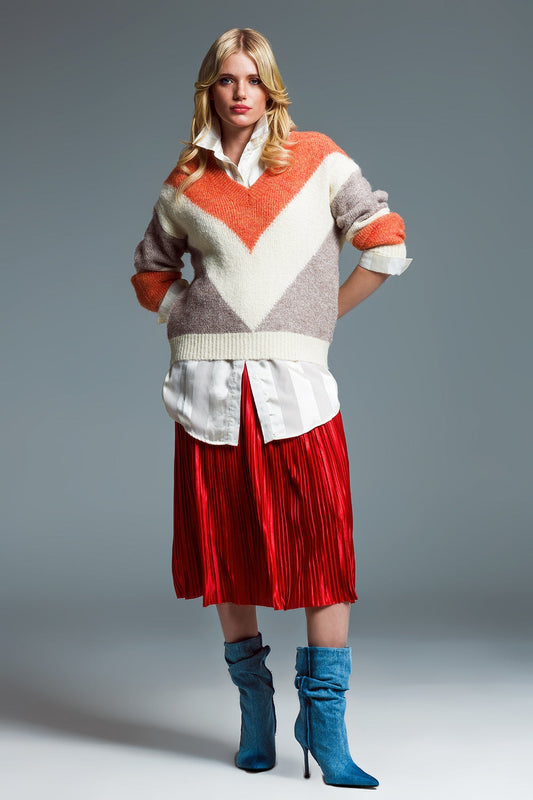 Long Sleeve Eighties Printed V-Neck Sweater in Orange-2