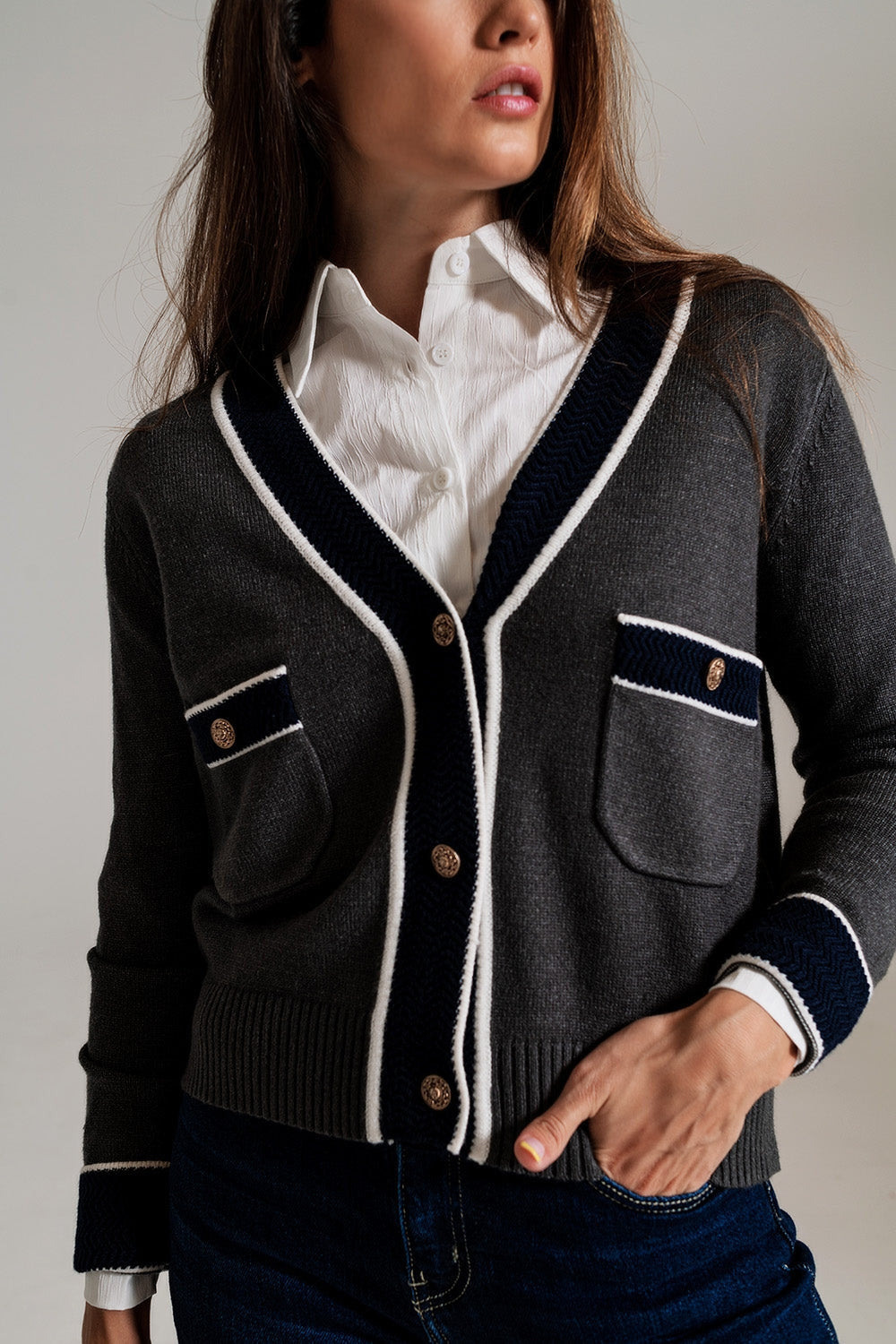 Gray Cardigan With Pockets and Channel Style-4