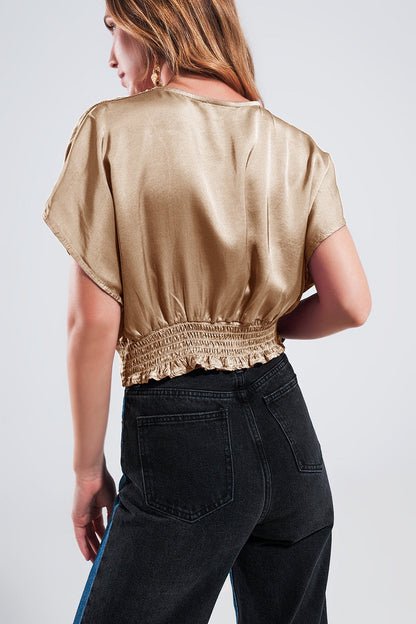 Short Sleeve Cropped Satin Top in Beige-1