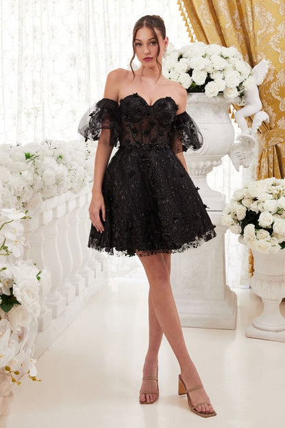 3D Floral Applique Strapless Babydoll Short Cocktail Dress CDKV1089-1