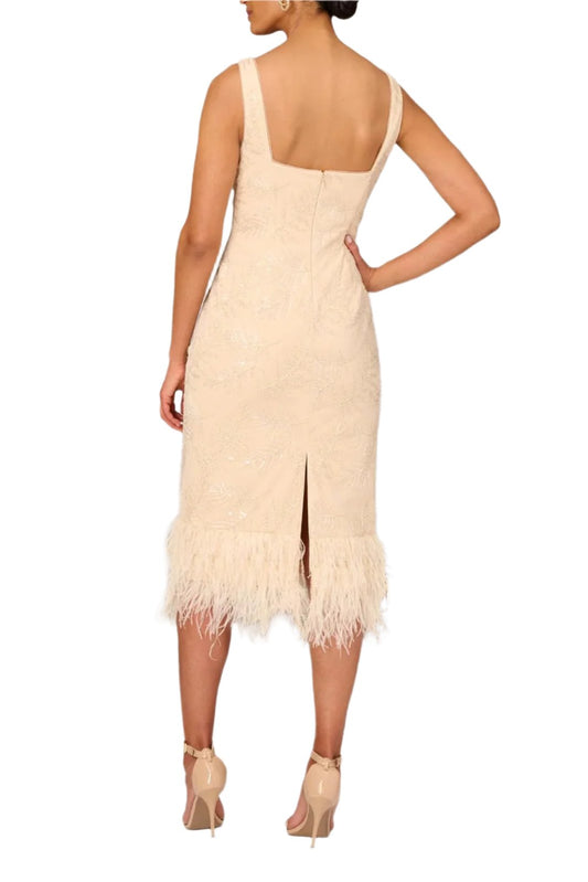 Aidan Mattox Square Neck Sleeveless Zipper Back Slit Back Feather Hem Mesh Dress-1