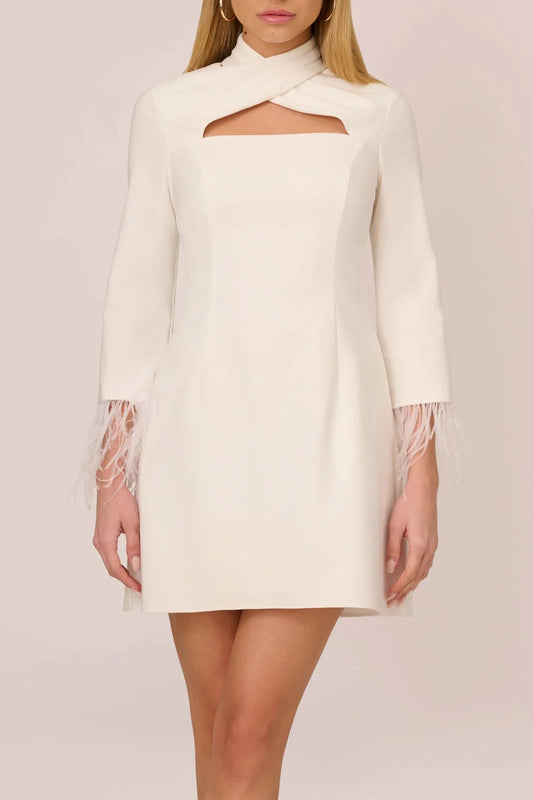 Aidan Mattox High Neck Cutout Front Feather Trimmed A-Line Crepe Cocktail Dress-0